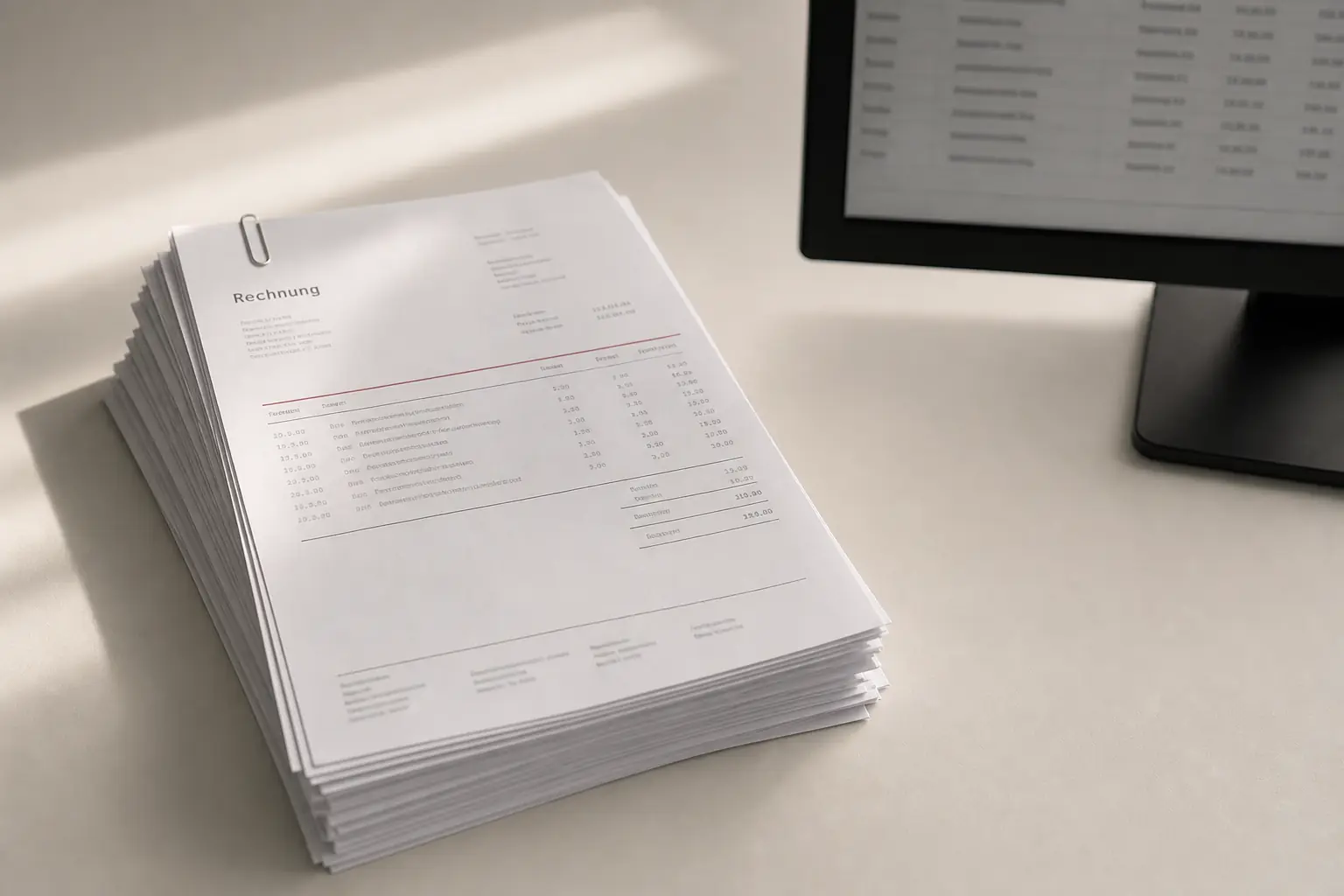 Stapel Papierrechnungen neben einem Bildschirm in einer Steuerkanzlei